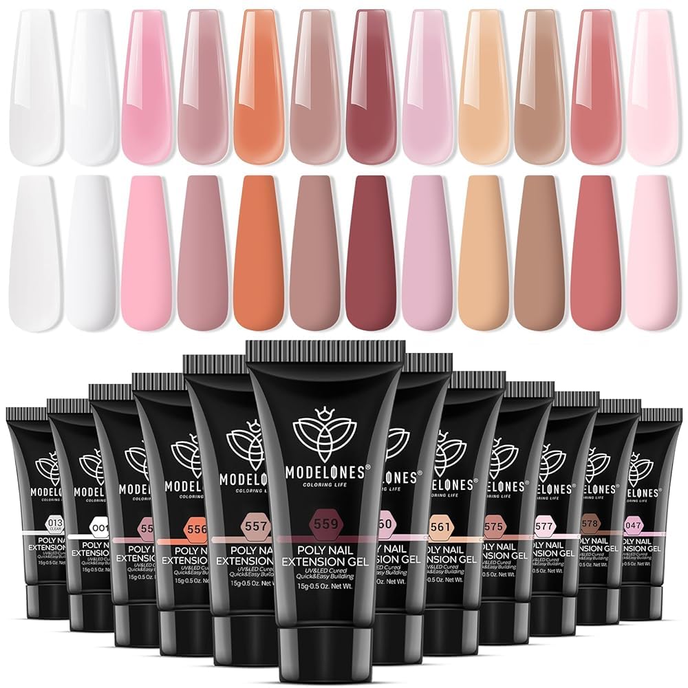 Modelones Poly Gel 12 Colors Nude Pink set shown for at-home salon-quality nails.