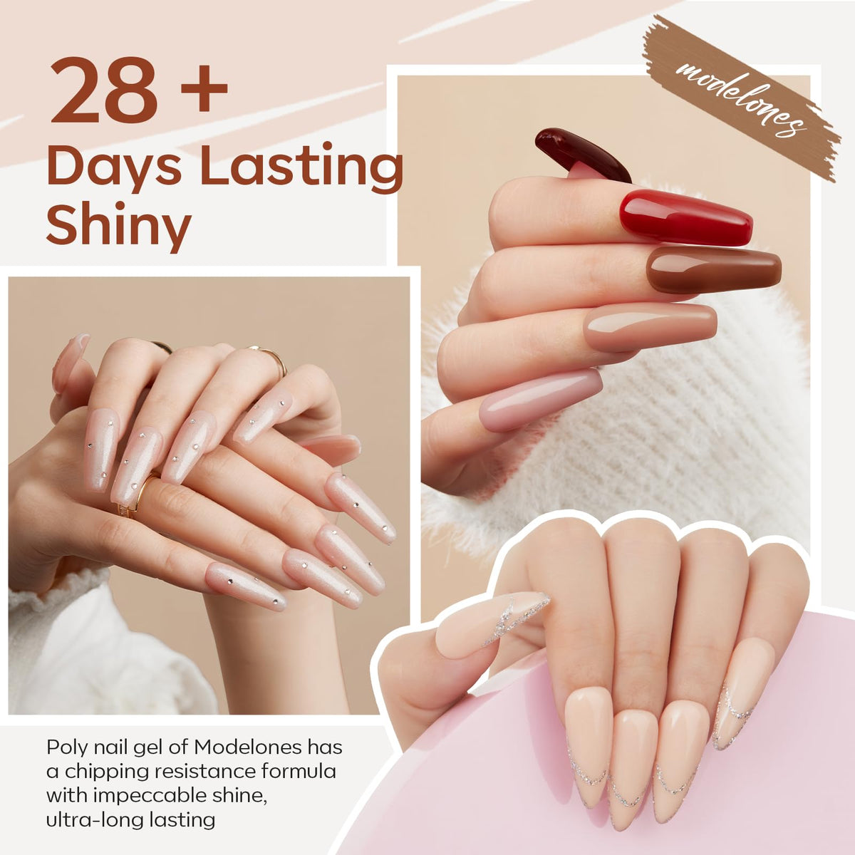 Modelones poly gel application under lamp demonstrates quick, even cure for home manicures.