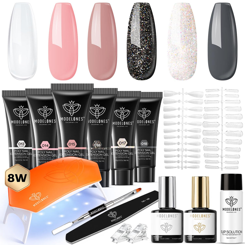 Modelones poly gel kit with six colors for versatile at-home manicures.