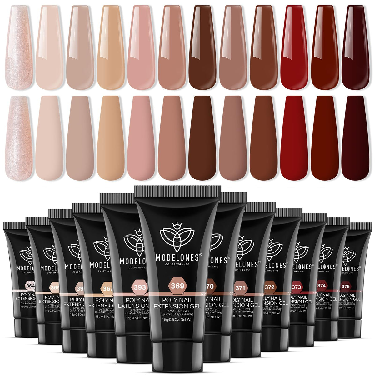 Modelones poly nail extension gel in 12 colors pack showcasing vibrant shades for at-home manicures.