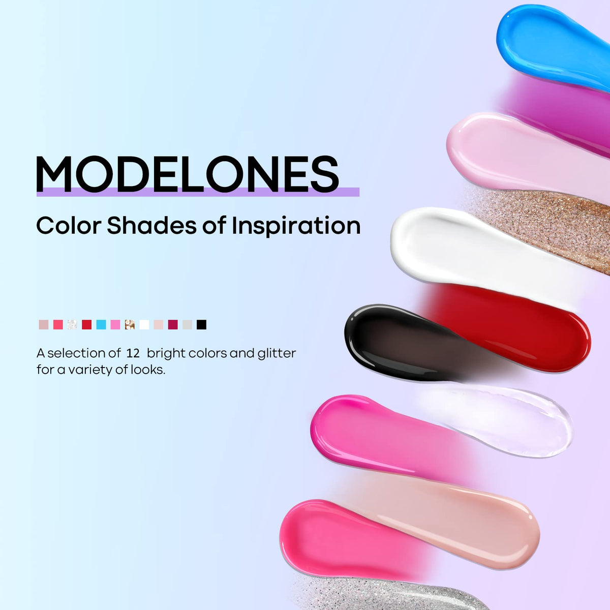Close-up of Modelones gel bottles showing color range and branding.