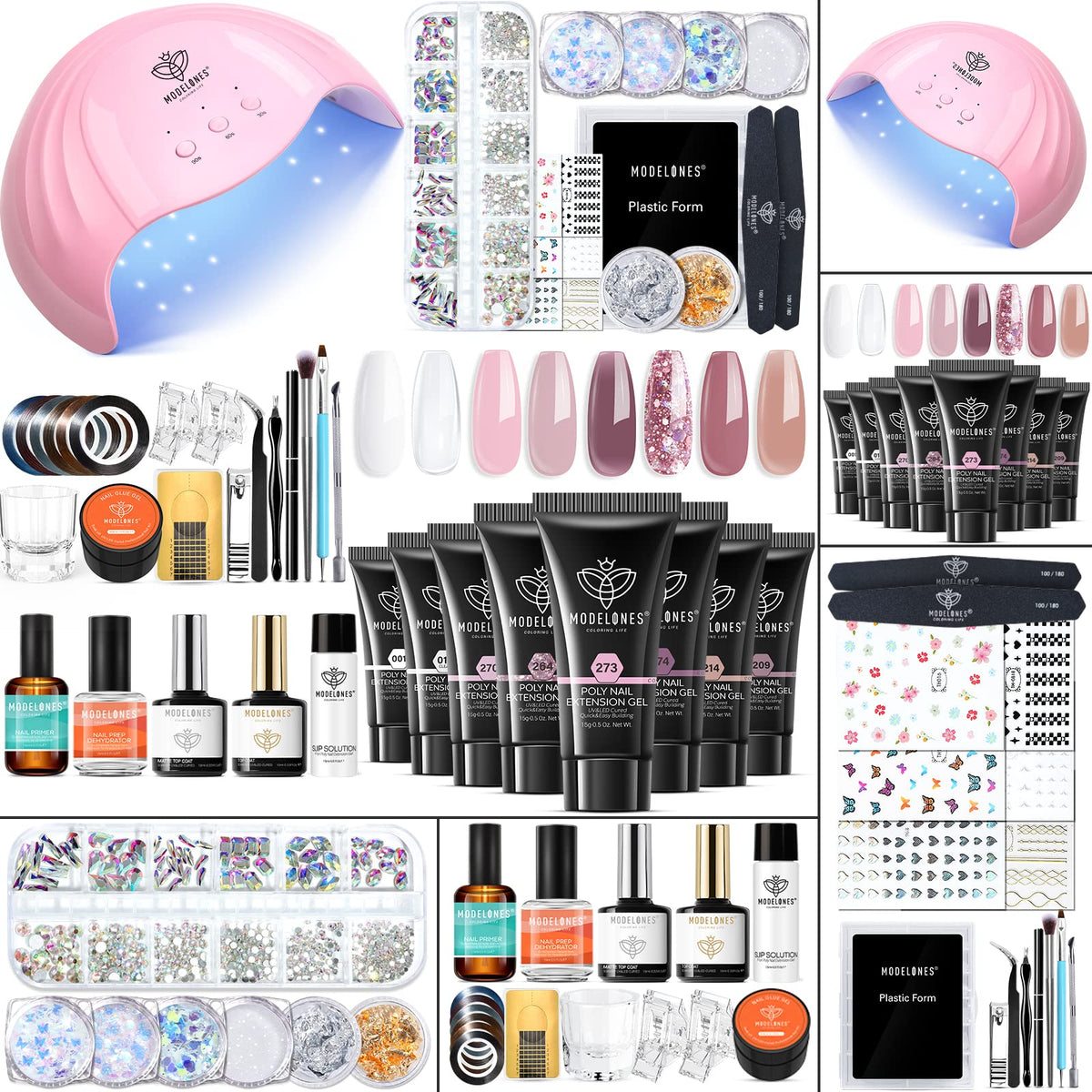 Modelones poly nail gel kit with eight rosy pink colors for salon-quality at-home manicures.