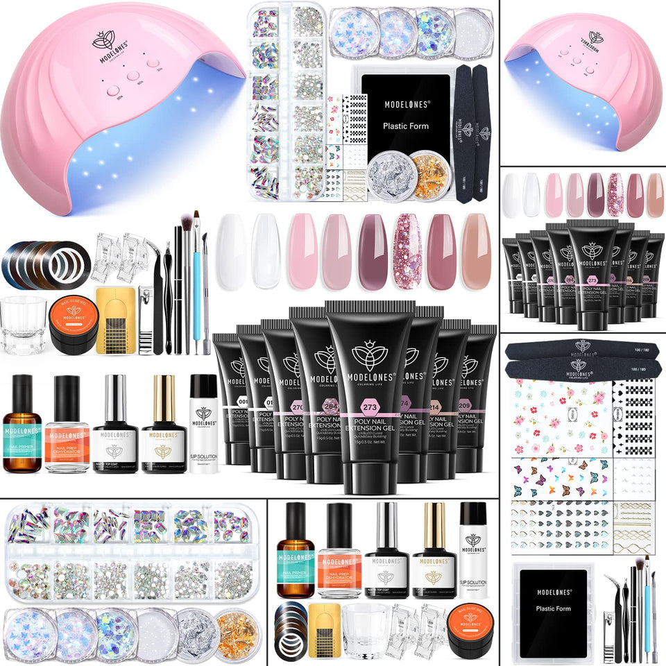 Modelones poly nail gel kit with eight rosy pink colors for salon-quality at-home manicures.