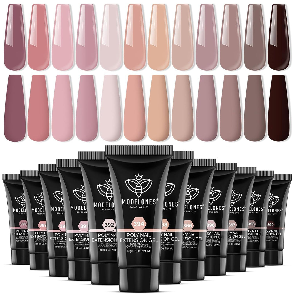 Modelones Poly Nail Gel Set with 12 colors, close-up palette for versatile looks