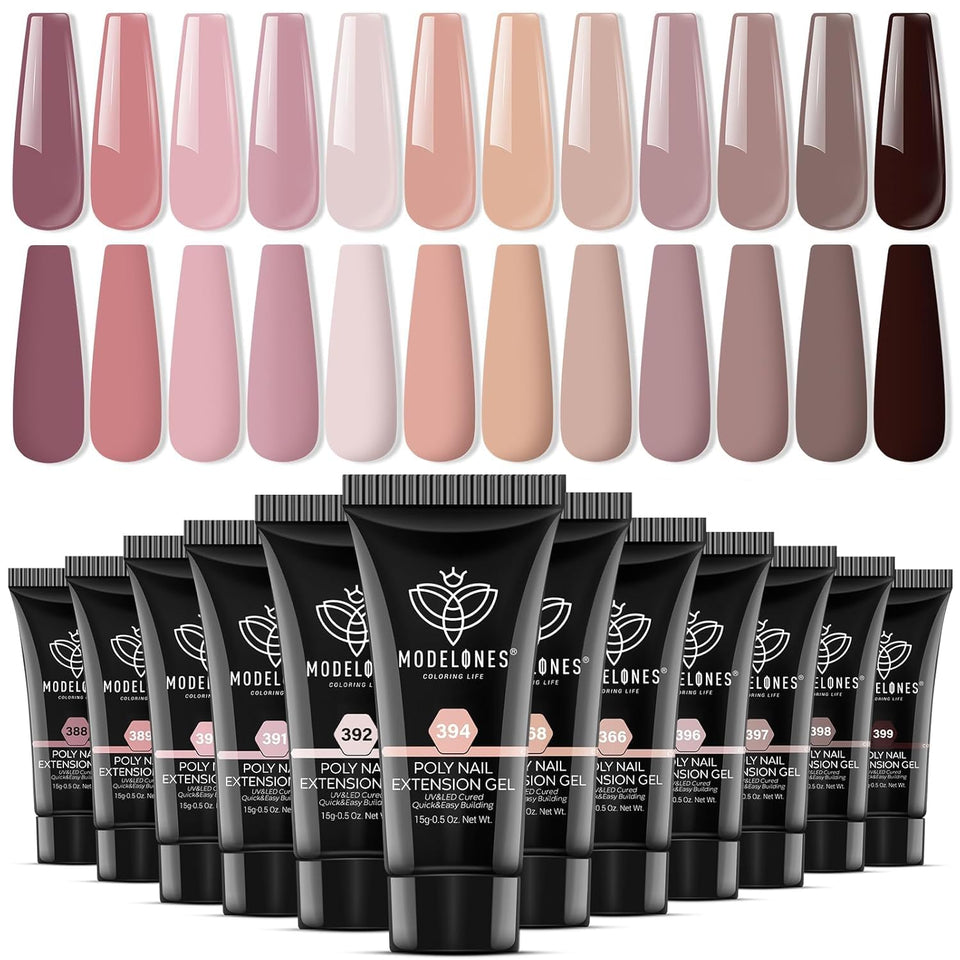 Modelones Poly Nail Gel Set with 12 colors, close-up palette for versatile looks