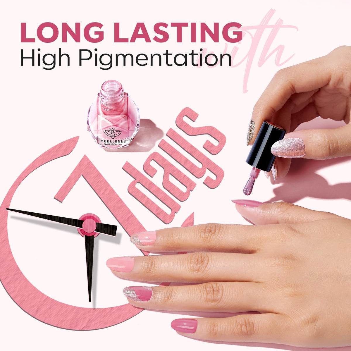 Modelones quick-dry timer shows fast at-home manicure results.
