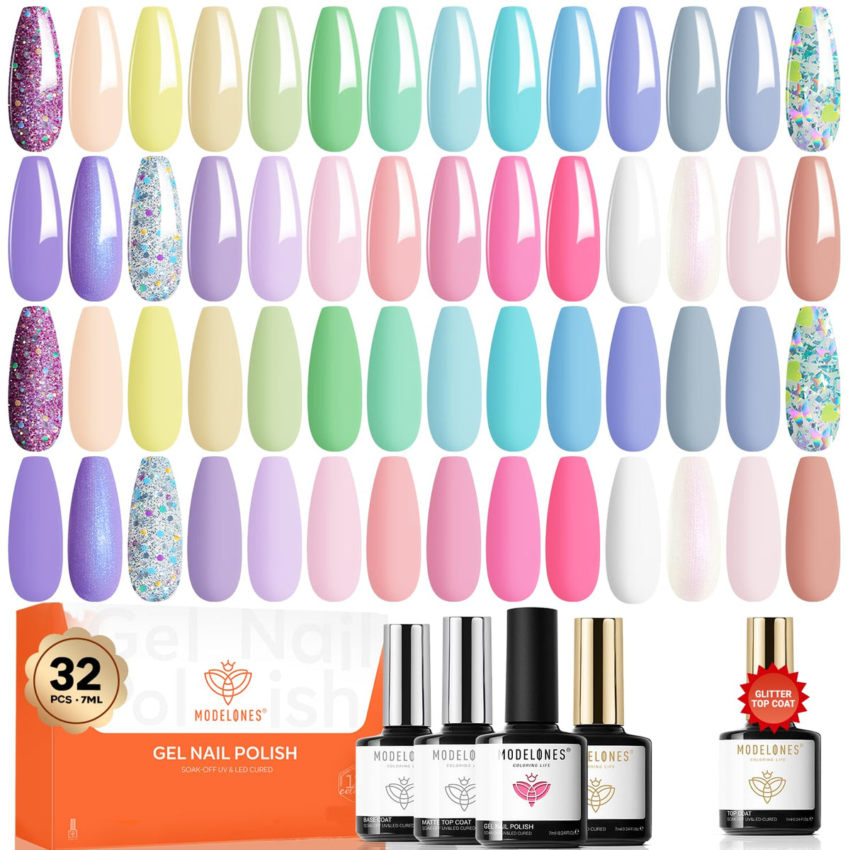 Modelones spring gel nail polish set with 28 pastel colors for versatile daily looks.