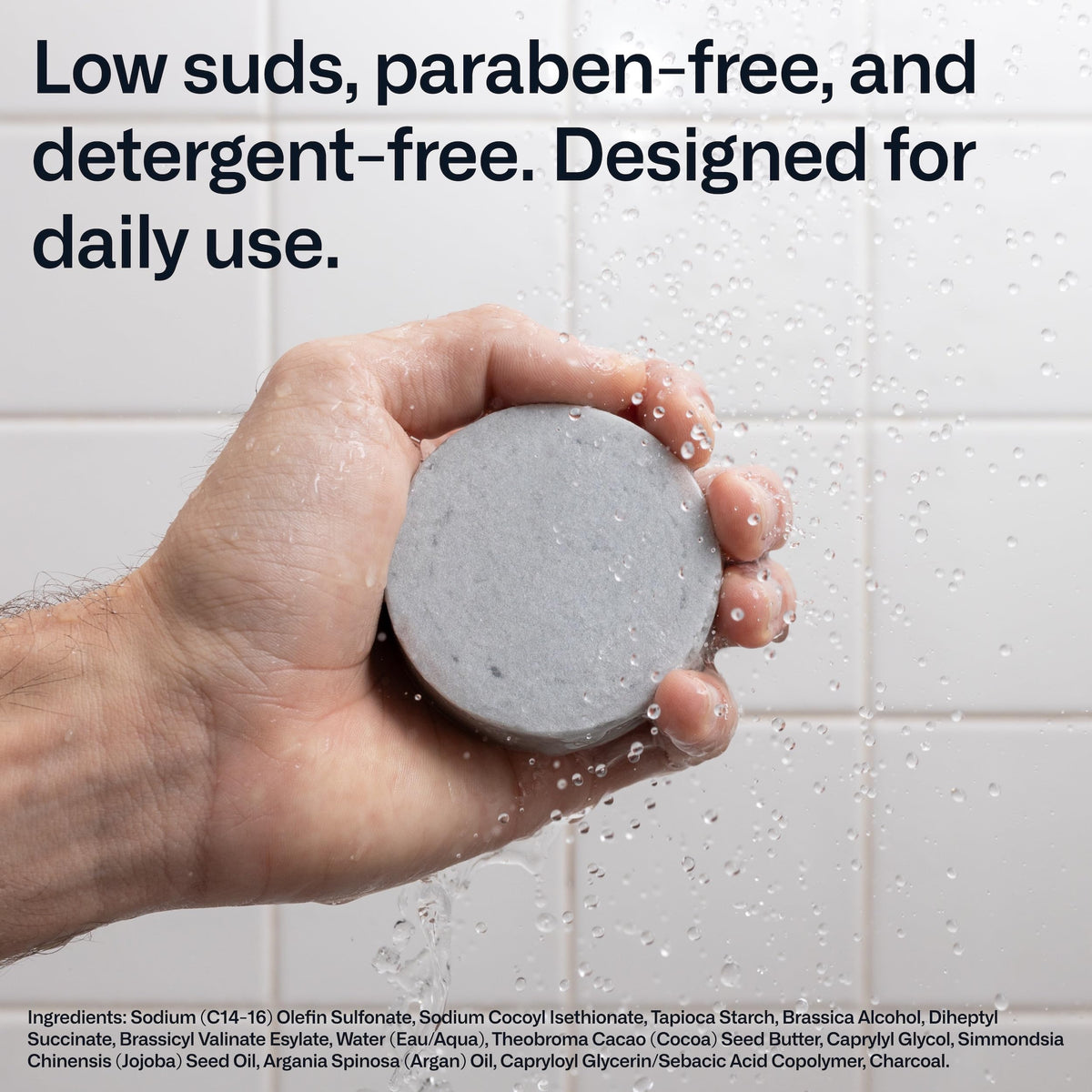 Modern Mammals Light Shampoo Bar application shot, simple cleanse for daily routines.