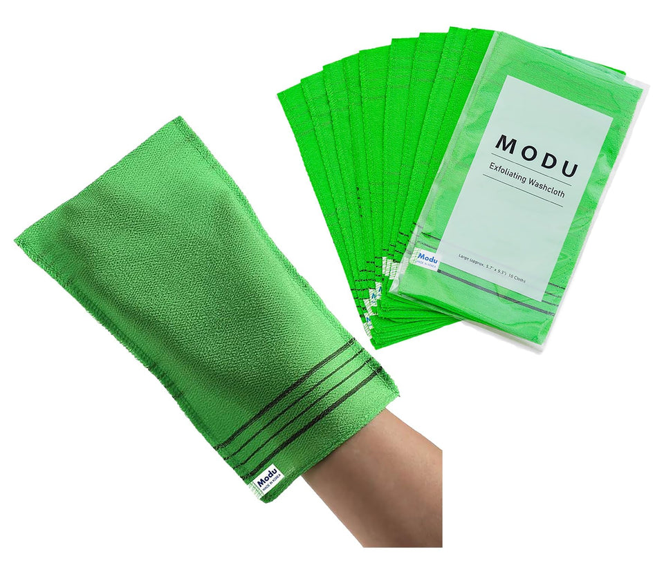 Modu exfoliating mitts in green packaging for convenient home spa prep