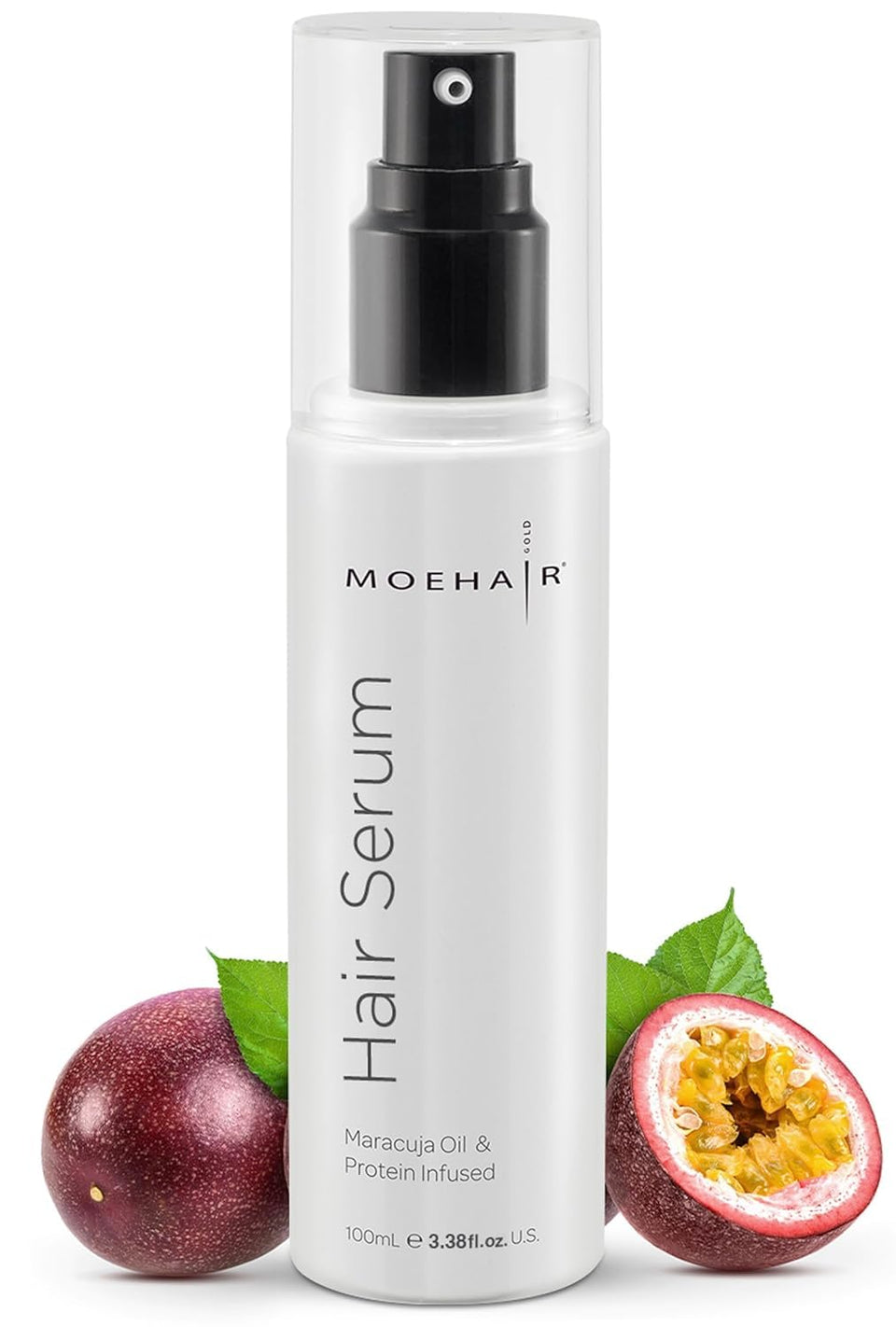 MOEHAIR Anti Frizz Serum bottle showing frizz control and shine.