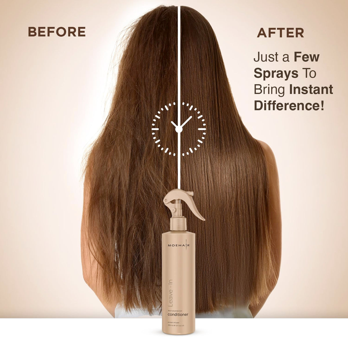 MOEHAIR application on damp hair showing even distribution with a wide-tooth comb