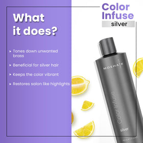MOEHAIR Color Infuse Silver being applied to damp hair to neutralize brass.