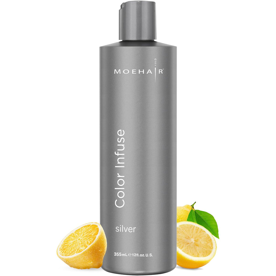 MOEHAIR Color Infuse Silver bottle pours blue-toned toner for brass neutralization.