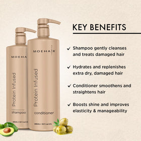 MOEHAIR conditioner swish on hair illustrating smooth, frizz-free styling
