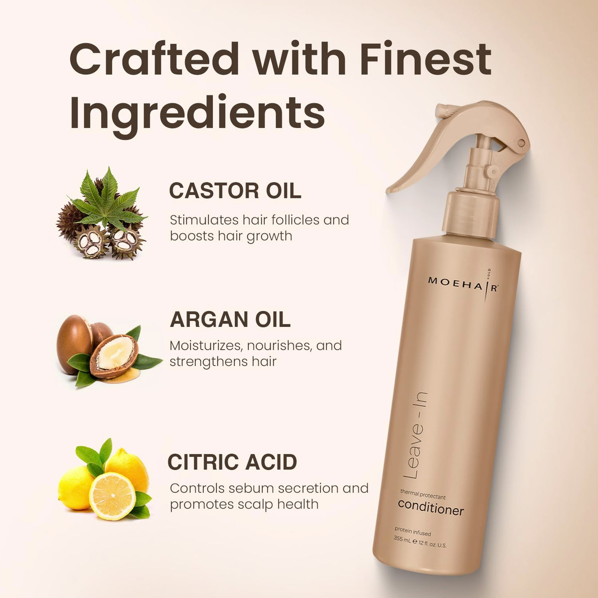 MOEHAIR detangler spray applied to curls for frizz control and manageability