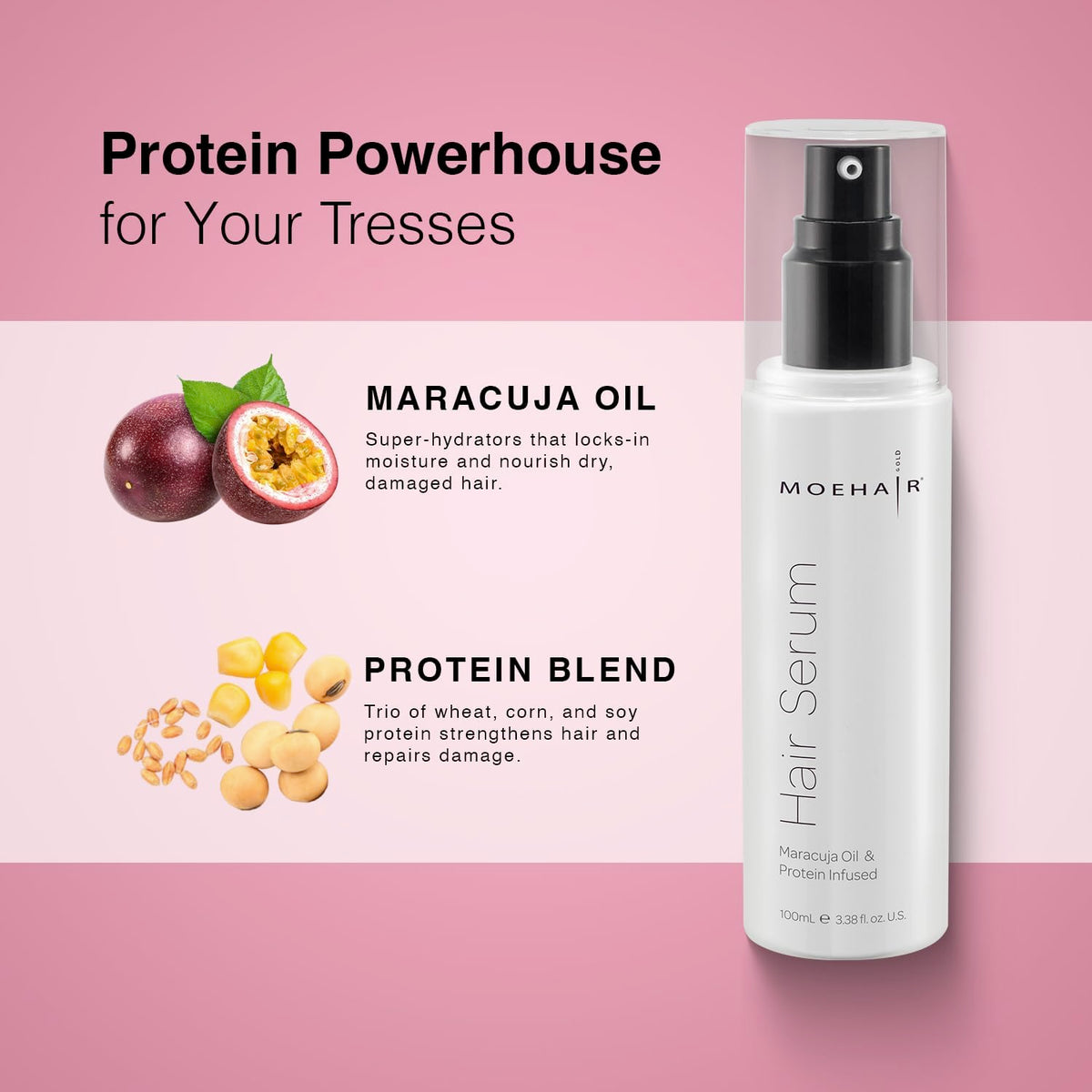 MOEHAIR Maracuja oil drop highlights hydration and antioxidants.