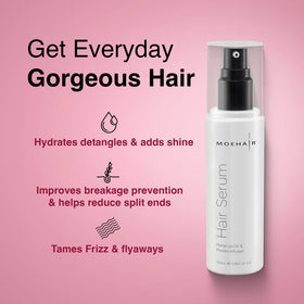 MOEHAIR Serum being applied with hands for smooth styling.