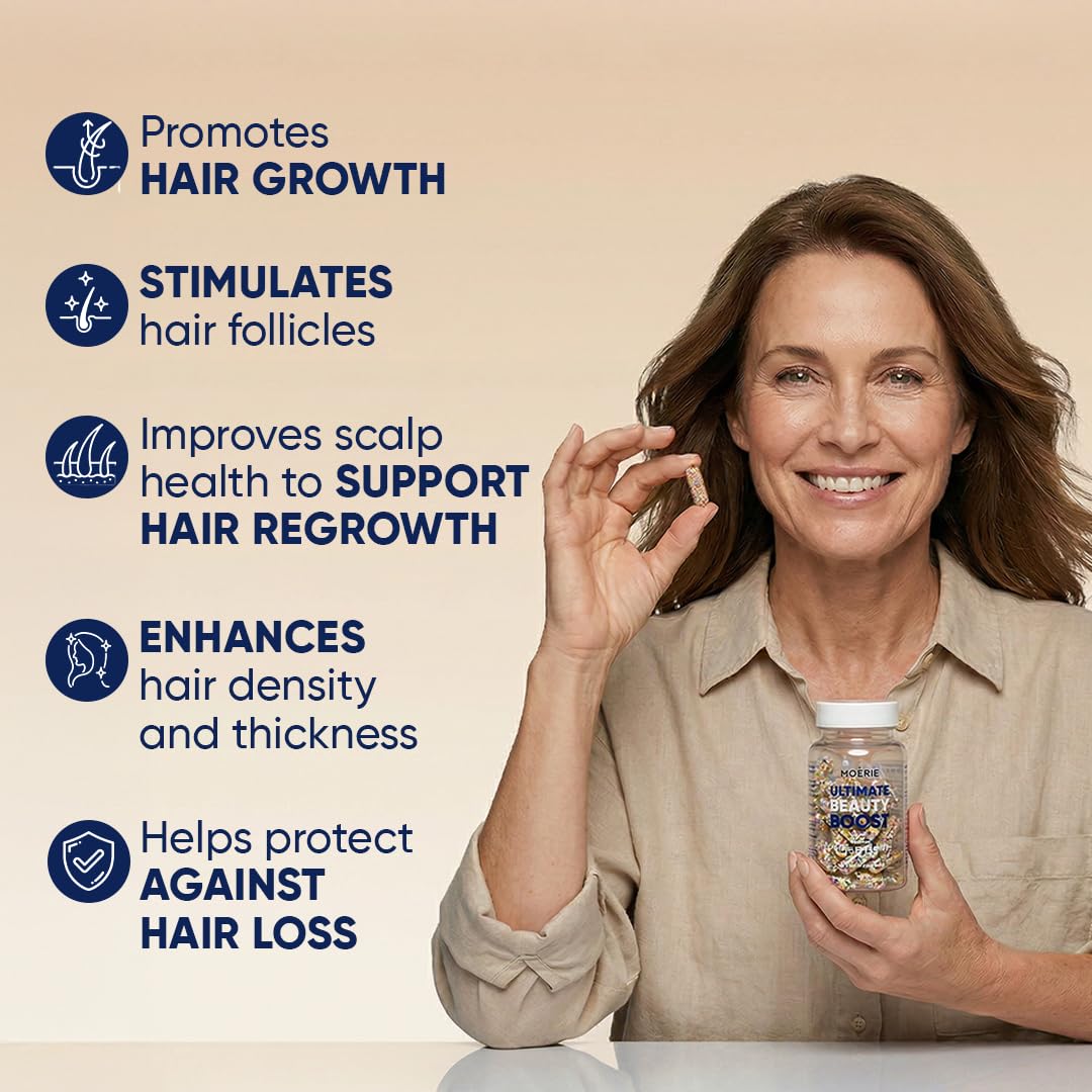 Moerie biotin minerals capsules closeup highlighting hair, skin, and nails support.