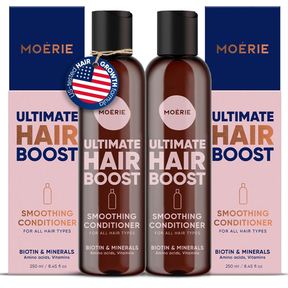 Moerie conditioner bottle pouring for easy application and potential fuller hair.