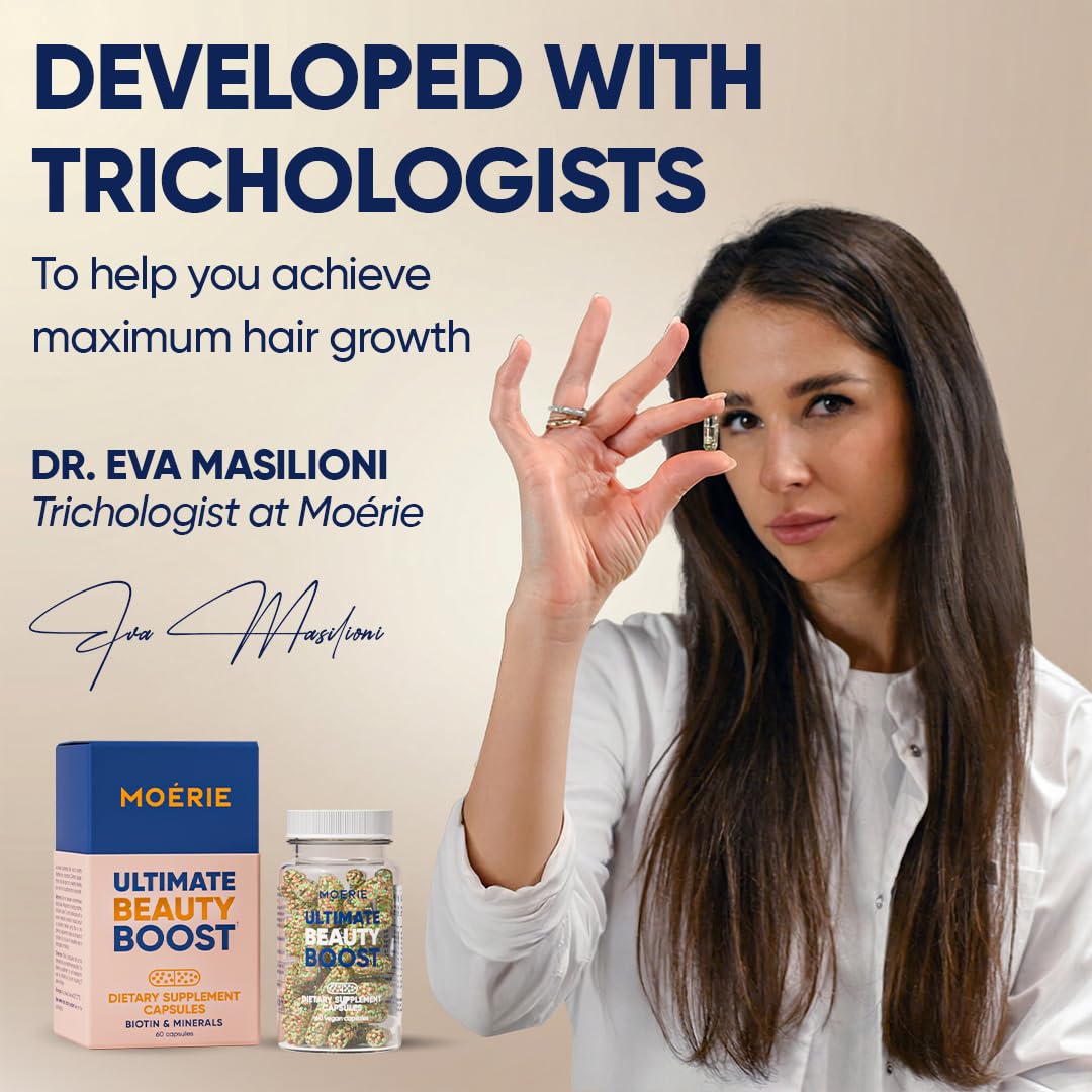 Moerie daily-use routine shot with capsules, promoting consistent support for ongoing hair care.
