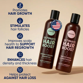 Moerie hair growth conditioner bottle showing smoothing and softness action