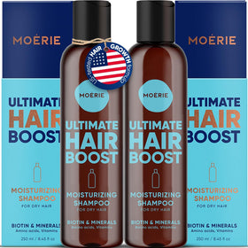 Moerie hair growth shampoo bottle front view highlighting biotin and rosemary.