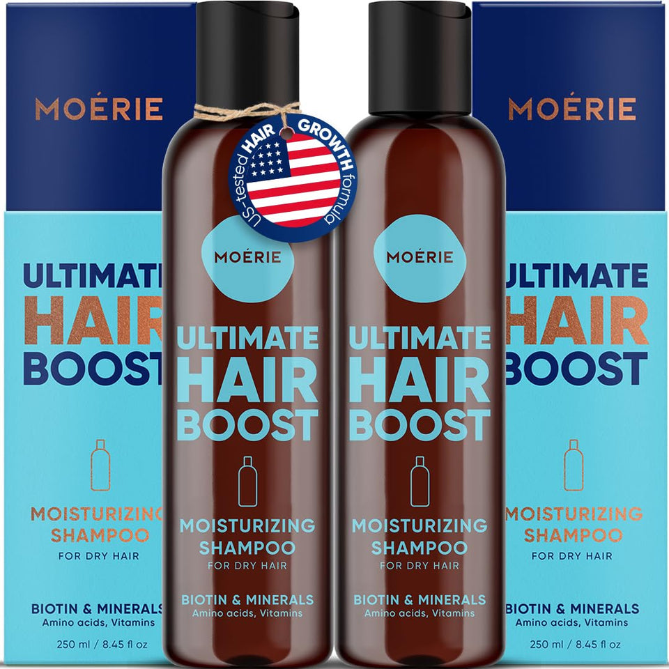 Moerie hair growth shampoo bottle front view highlighting biotin and rosemary.