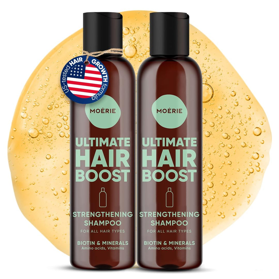 Moerie hair growth shampoo bottle with pump for convenient daily use and thicker-looking hair