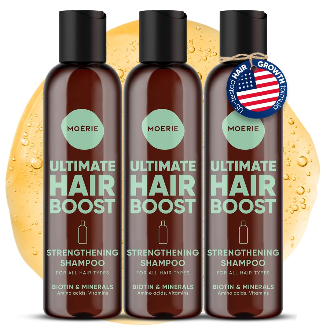 Moerie hair growth shampoo bottle shows premium formula for thicker-looking hair.