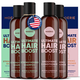 Moerie hair growth shampoo bottle highlighting a natural nourishing formula