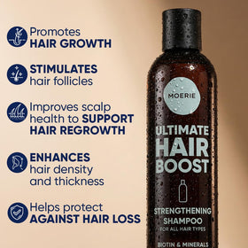 Moerie shampoo with rosemary infusion refreshing scalp and promoting fullness.