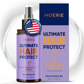 Moerie Hair Heat Protectant Spray bottle highlights its lightweight protection for styling
