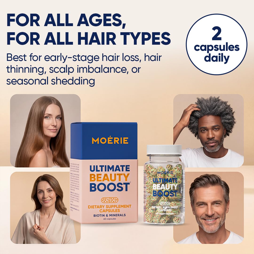 Moerie ingredients list featuring biotin, Q10, fulvic acid, and hyaluronic acid for follicle support.