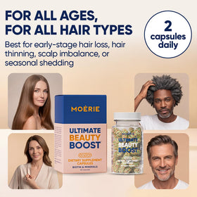 Moerie ingredients list featuring biotin, Q10, fulvic acid, and hyaluronic acid for follicle support.