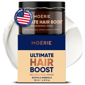 Moerie Mineral Hair Growth Mask bottle pour for controlled application and nutrient delivery.