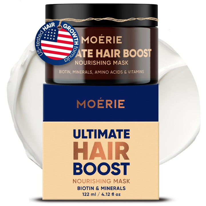 Moerie Mineral Hair Growth Mask bottle pour for controlled application and nutrient delivery.
