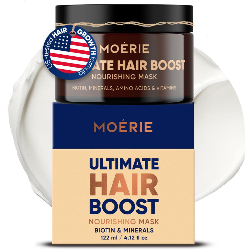 Moerie Mineral Hair Growth Mask bottle pour for controlled application and nutrient delivery.
