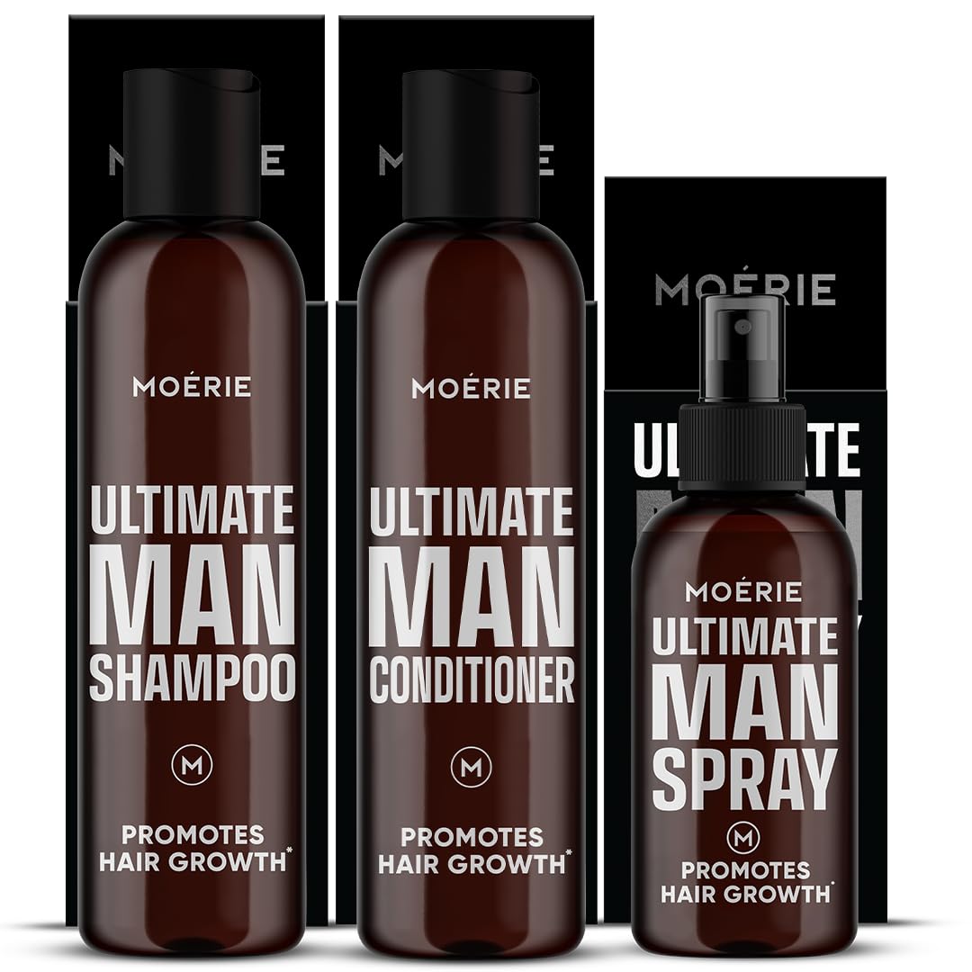 Moerie Ultimate Men Hair Boost Shampoo bottle promotes thicker-looking hair.