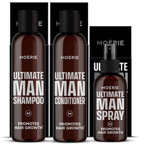Moerie Ultimate Men Hair Boost Shampoo bottle promotes thicker-looking hair.