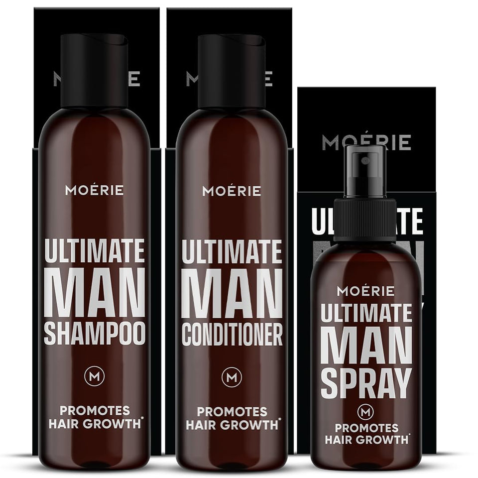 Moerie Ultimate Men Hair Boost Shampoo bottle promotes thicker-looking hair.