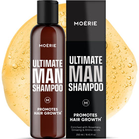 Moerie Ultimate Men Hair Growth Shampoo bottle pour shows scalp vitality and fuller look