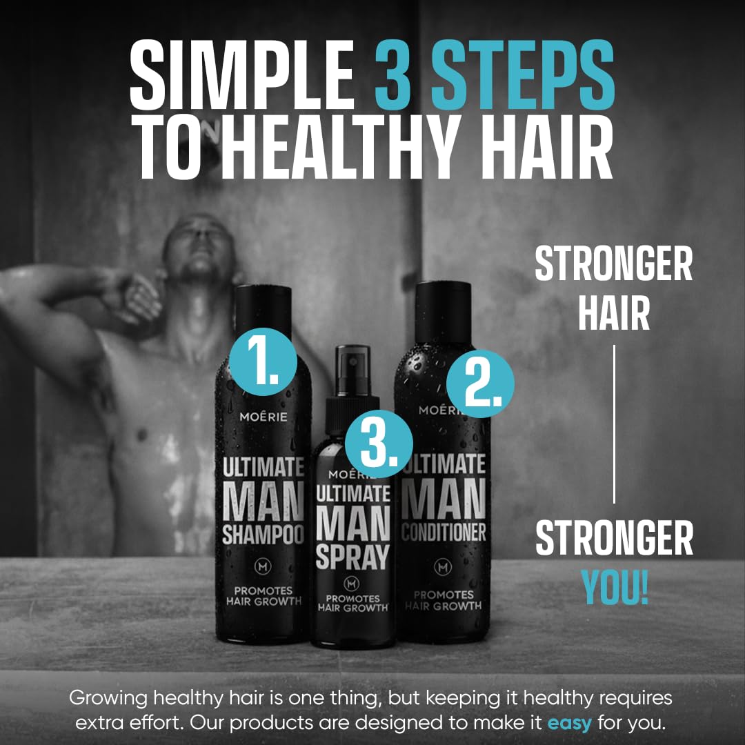 Moerie product shot with label highlights daily use for thinning hair