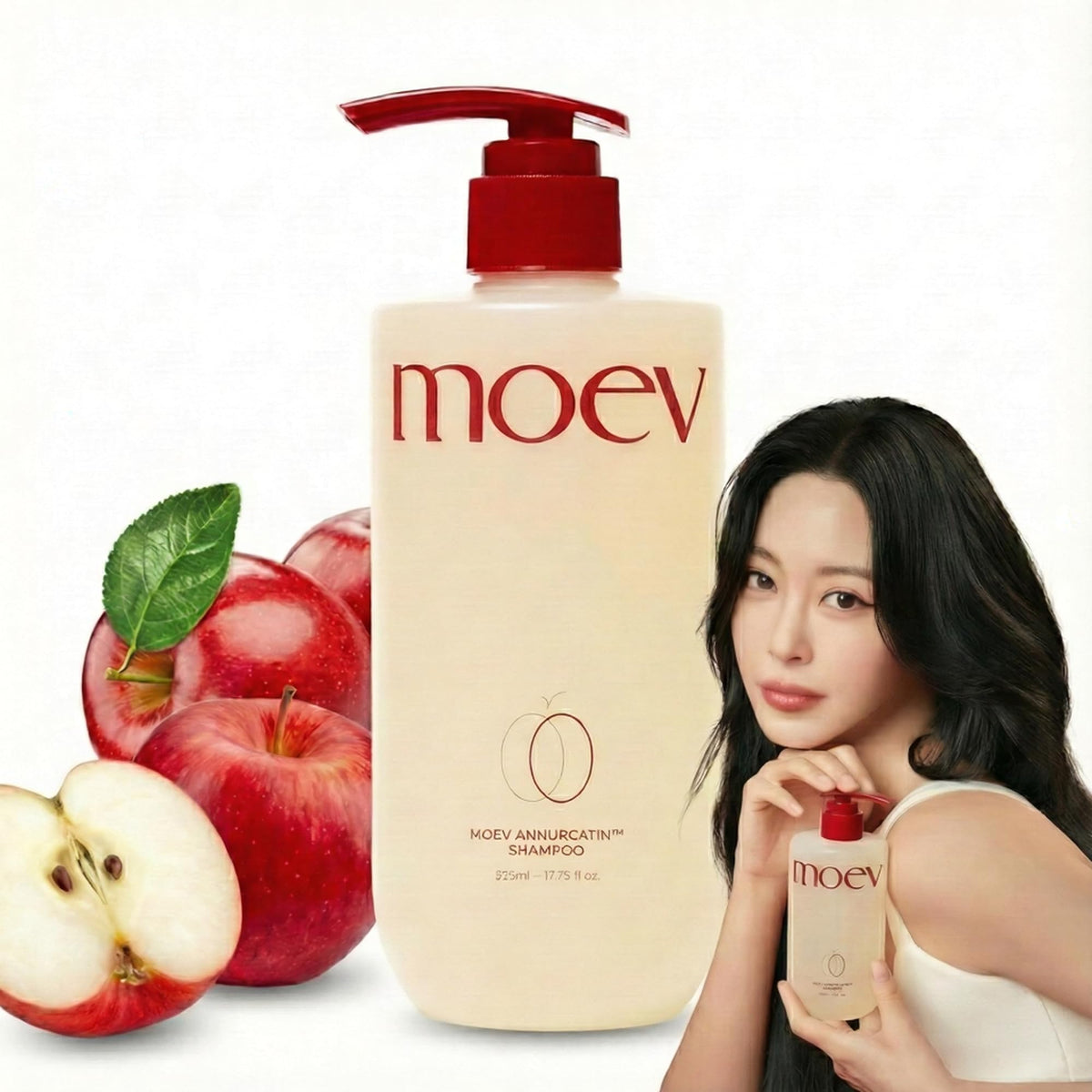 MOEV ANNURCATIN Shampoo bottle promoting scalp nourishment with apple extract.
