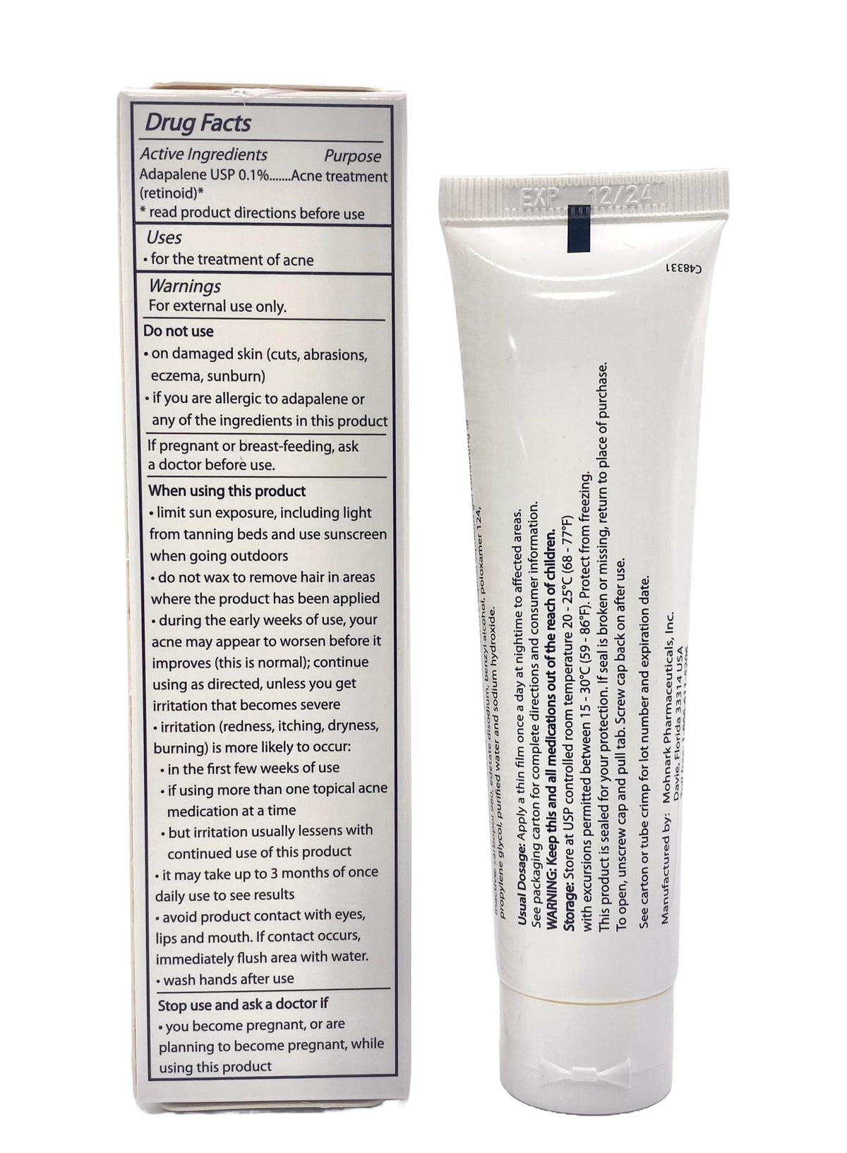 Mohnark Adapalene gel tube and label emphasizing paraben-free safety.