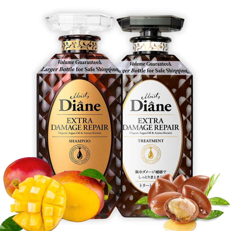 Moist Diane bottle pour shows premium repair formula for damaged hair.