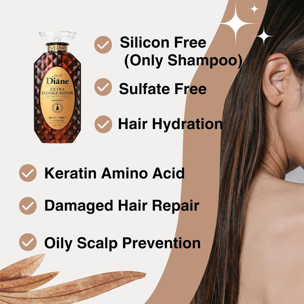 Moist Diane sulfate-free label signals gentle cleansing for sensitive scalps.