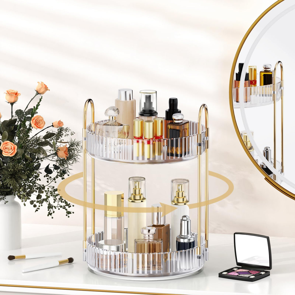 MOKANI 360° rotating makeup organizer top view for easy access to cosmetics