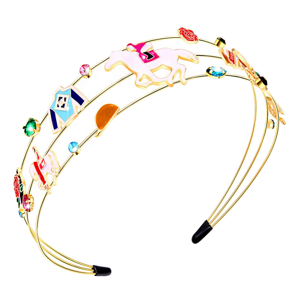 Mokkia Kentucky Derby headband with enamel racing horse for derby day style.