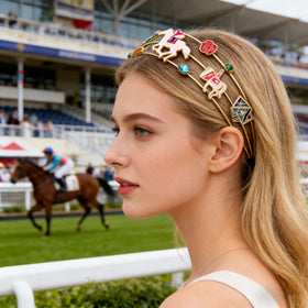 Mokkia Kentucky Derby headband with gold metal hoop for secure wear.