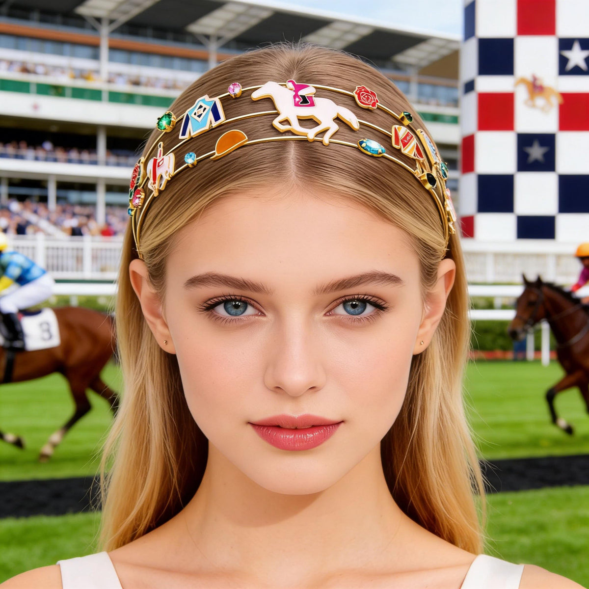 Mokkia headband features horseshoe rhinestones for sparkle on race day.